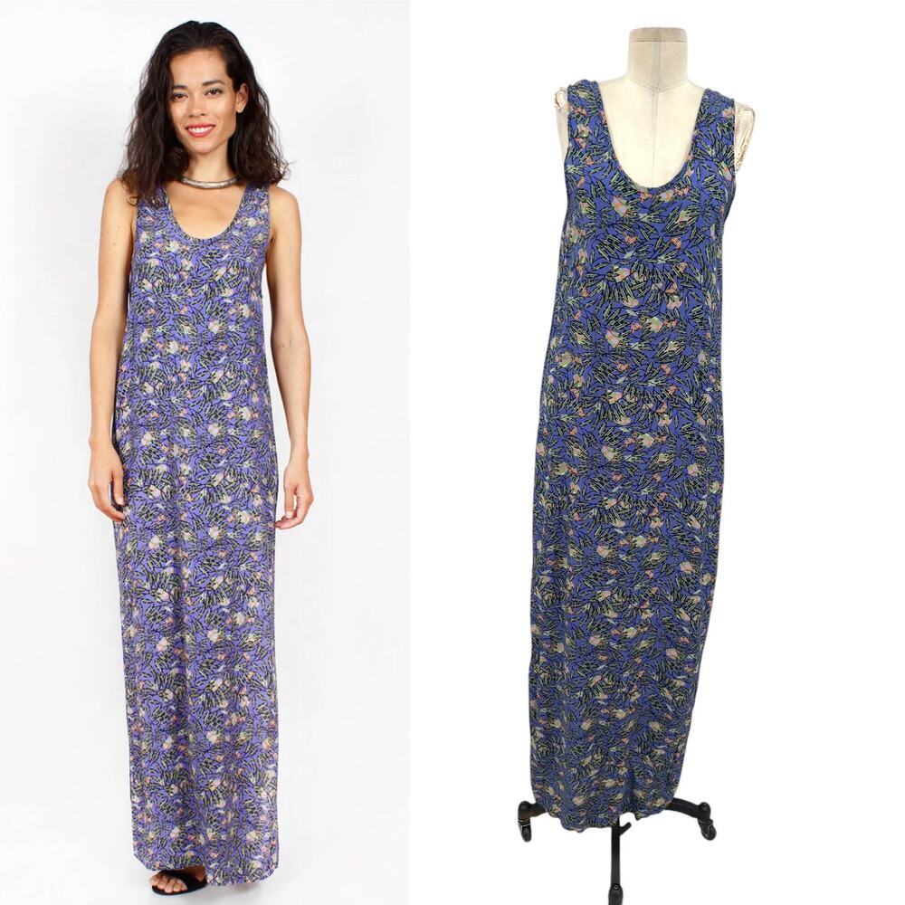 Flax Bumblebee Sleeveless Maxi Dress Purple Green Palm Print Size Petite XS